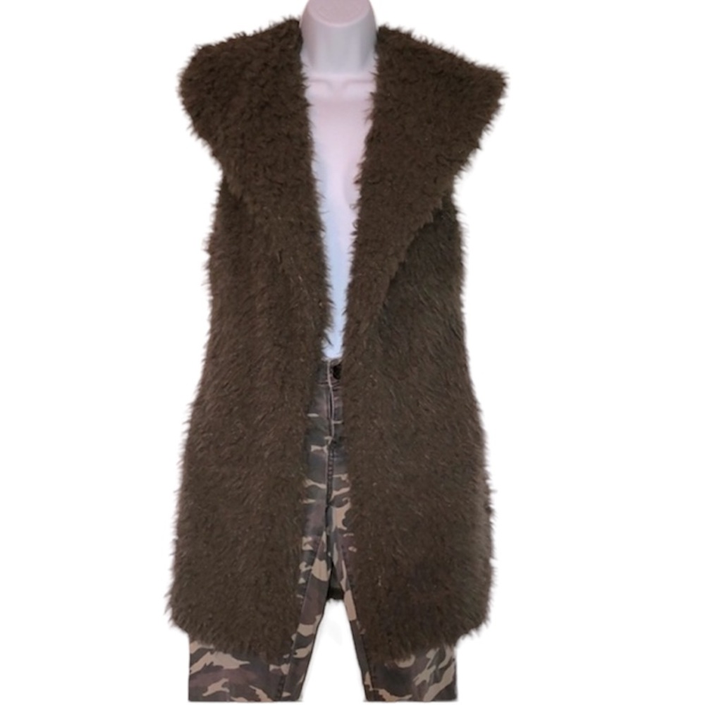 3 for $20 ME JANE Faux Fur Boho Fuzzy Furry Vest Long Open Cardigan Olive Green